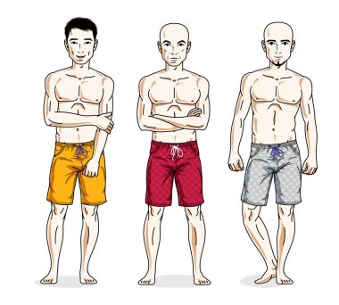 Mutlu erkekler, atletik vücut ile poz giyen plaj şort. Vecto