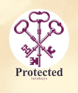 Çapraz anahtarlar, vintage antik turnkeys vektör logo veya amblem, pr