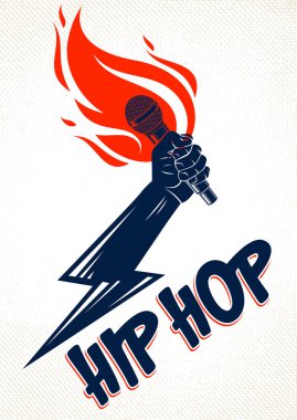 Rap müzik vektör logo veya amblem el alevler içinde mikrofon ile bir