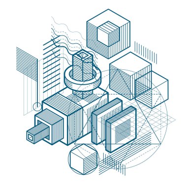 İzometrik çizgiler ve şekiller ile soyut vektör arka plan. Küp