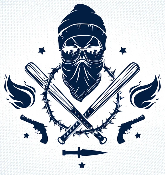 Gangster znak logo nebo tetování s agresivní lebka baseball ba — Stockový vektor