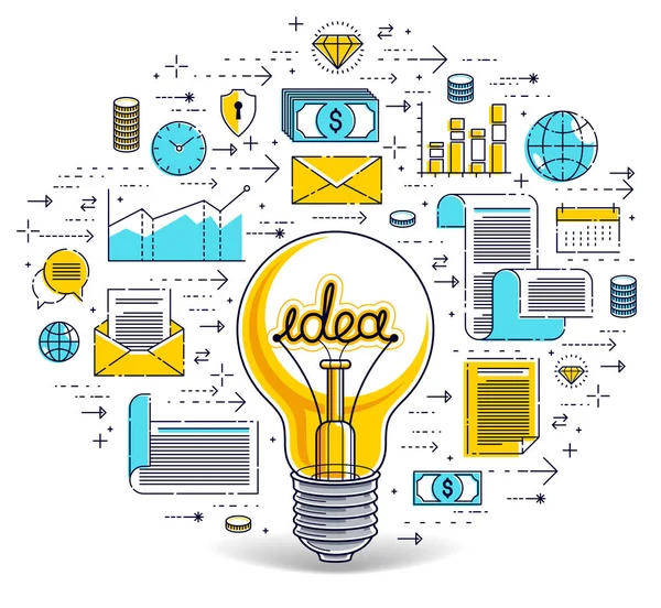 Parlayan ampul ve simgeleri, iş fikri yaratıcı konsantrasyon koymak