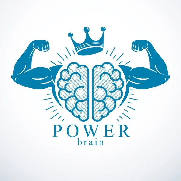 Brain with strong bicep hands of bodybuilder. Power Brain emblem — Stock Vector