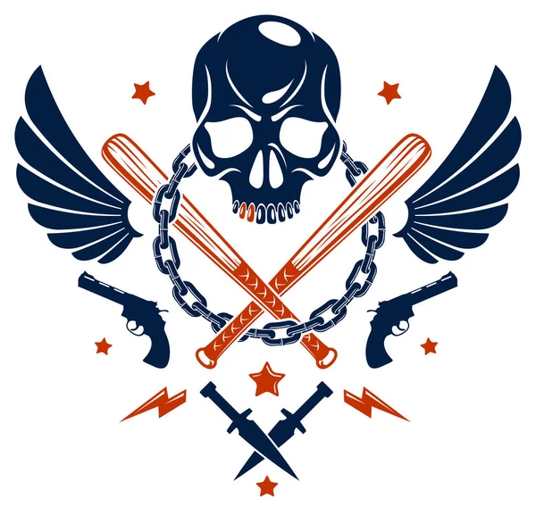 Банда жорстока кримінальна емблема або логотип з агресивною басебою черепа — стоковий вектор