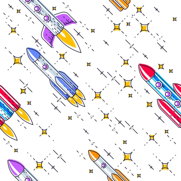 Fondo inconsútil espacial con cohetes y estrellas, sin descubrir g — Archivo Imágenes Vectoriales