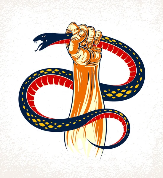 La main serre un serpent, lutte contre le diable et Satan, contr — Image vectorielle