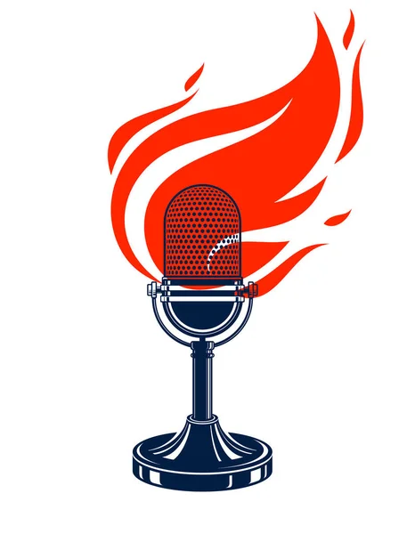 Vintage mikrofon na ogień, gorące mic w płomieniach, studia nagrań — Wektor stockowy