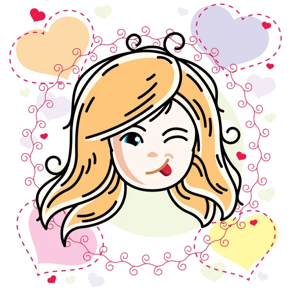 Vector illustration of beautiful blonde happy girl face, positiv — Stock Vector