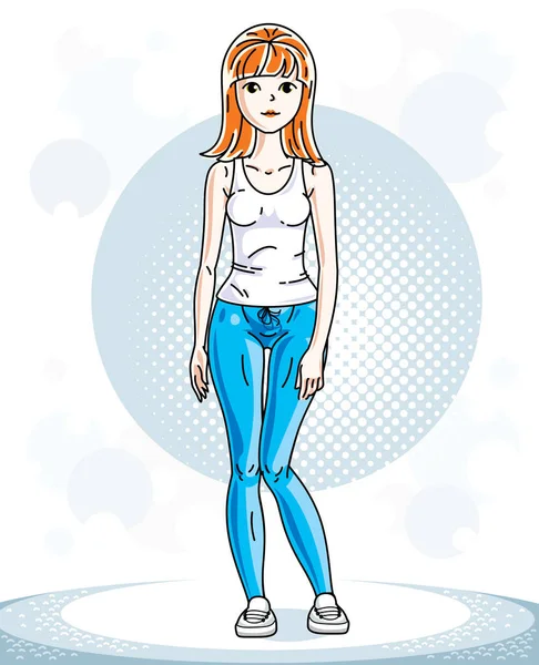 Young beautiful red-haired sporty woman standing. Vector charact — Stock Vector