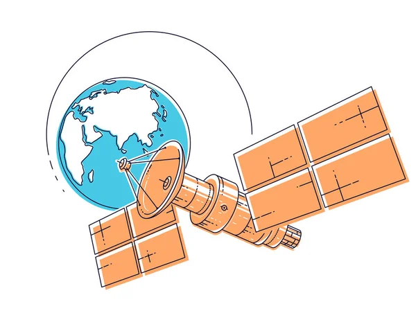 Vol spatial orbital par satellite de communication autour de la Terre , — Image vectorielle