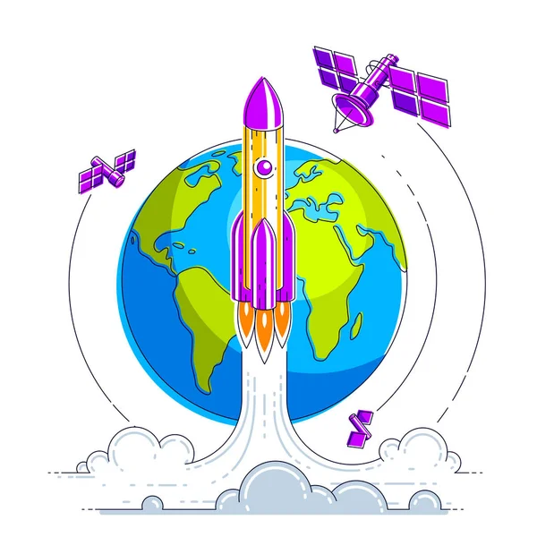 Satellite volant en orbite autour de la terre, technique de communication — Image vectorielle
