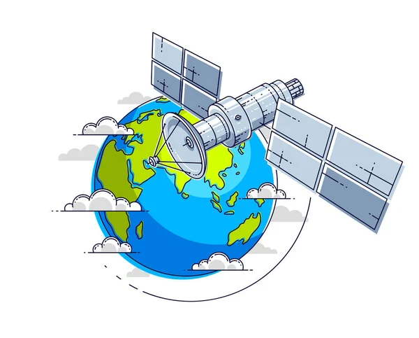 Comunicação por satélite voo orbital voo espacial em torno da terra , —  Vetores de Stock