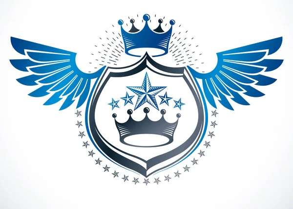 复古有翅膀的装饰会徽组成使用帝王皇冠 — 图库矢量图片
