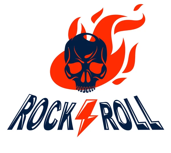 Tengkorak dalam api Logo vektor musik Hard Rock atau emblem, aggress - Stok Vektor