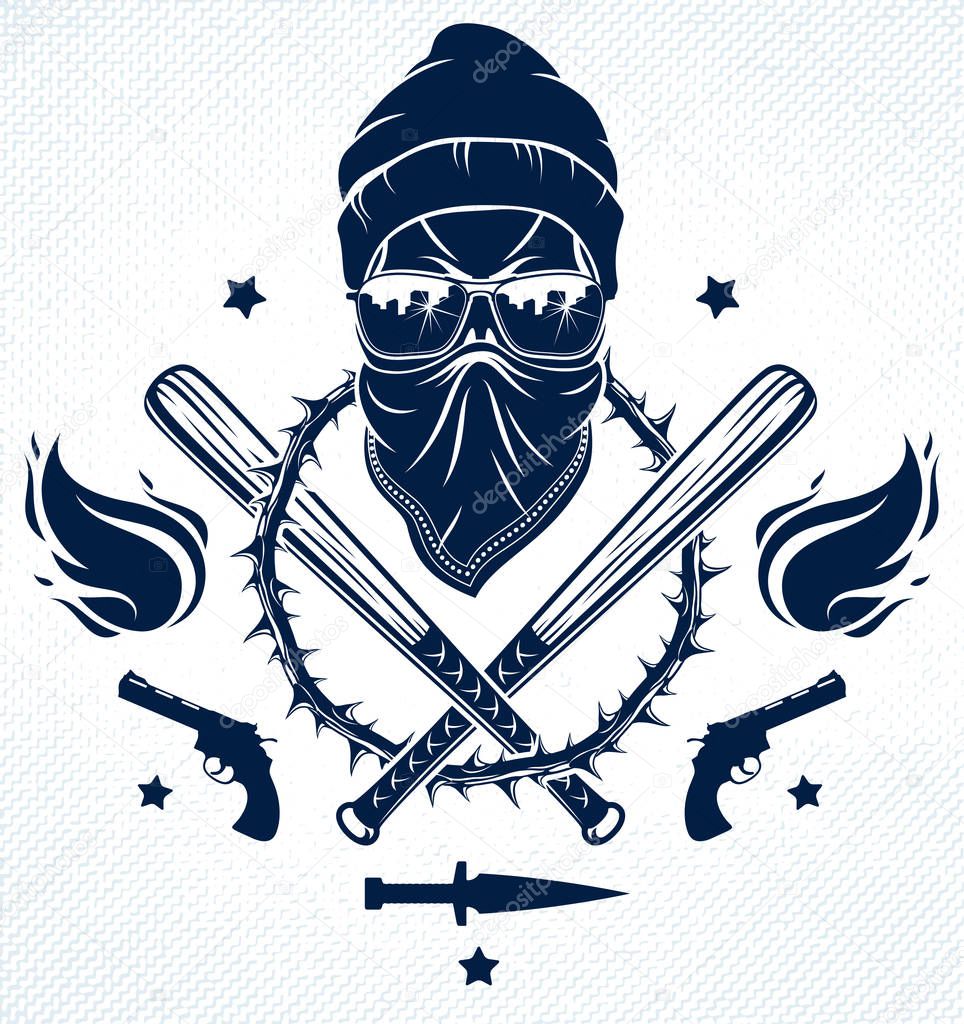 Gangster emblem logo or tattoo with aggressive skull baseball bats and other weapons and design elements, vector, criminal ghetto vintage style, gangster anarchy or mafia theme.
