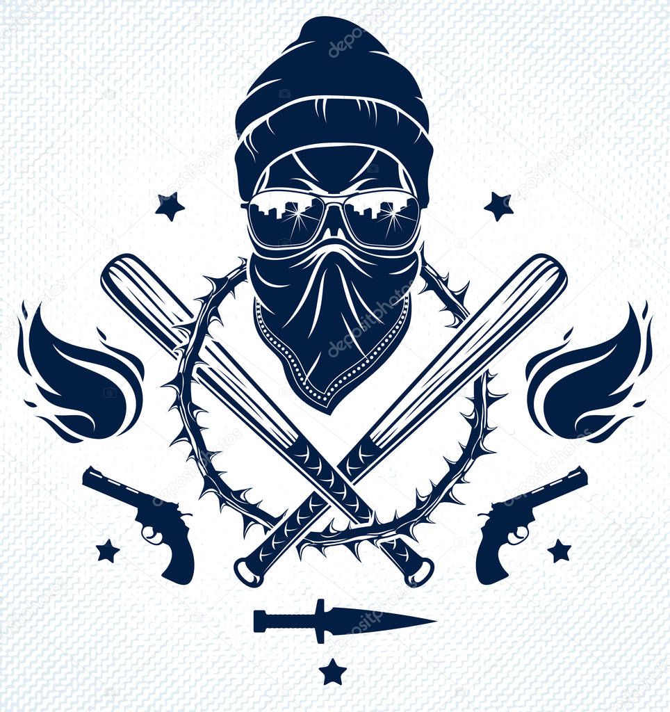 Gangster emblem logo or tattoo with aggressive skull baseball ba