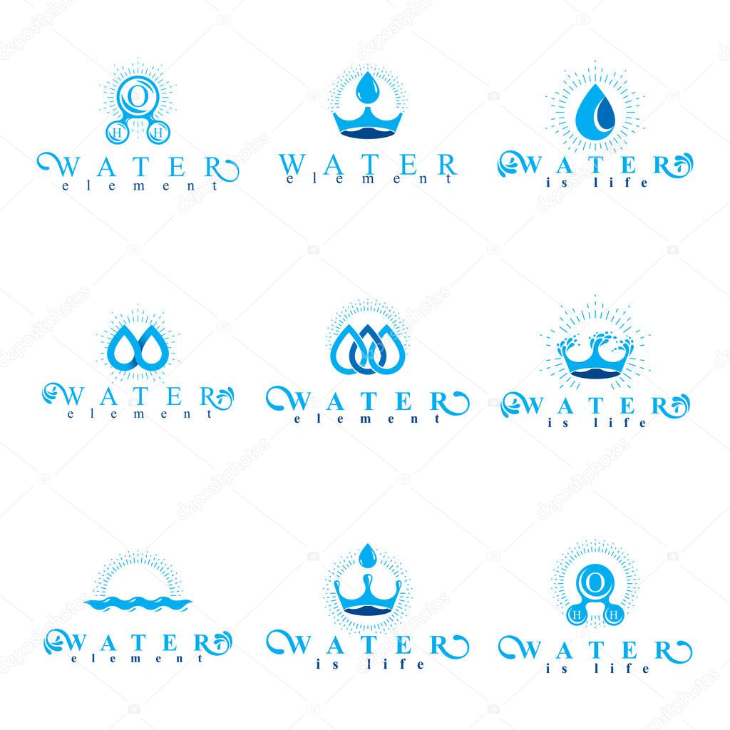 Fresh mineral water design emblems like water drops, H2O symbols