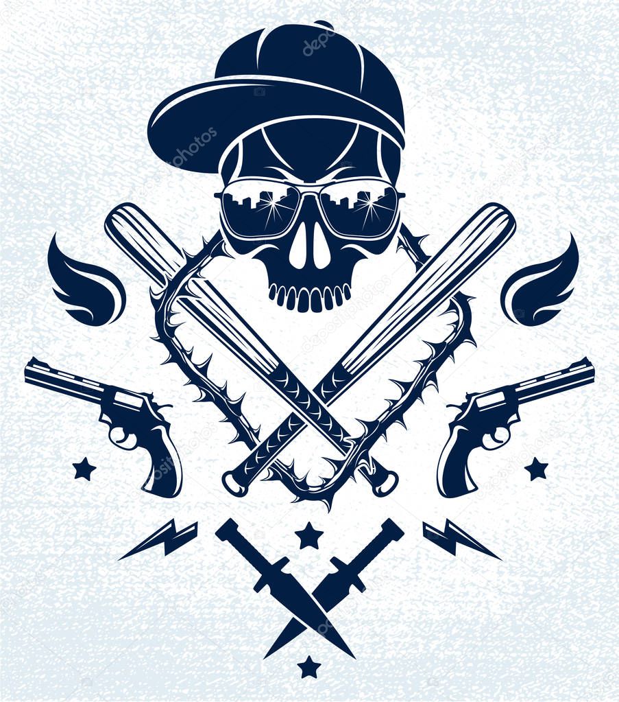 Gang brutal criminal emblem or logo with aggressive skull baseball bats and other weapons and design elements, vector anarchy crime terror retro style, ghetto revolutionary.