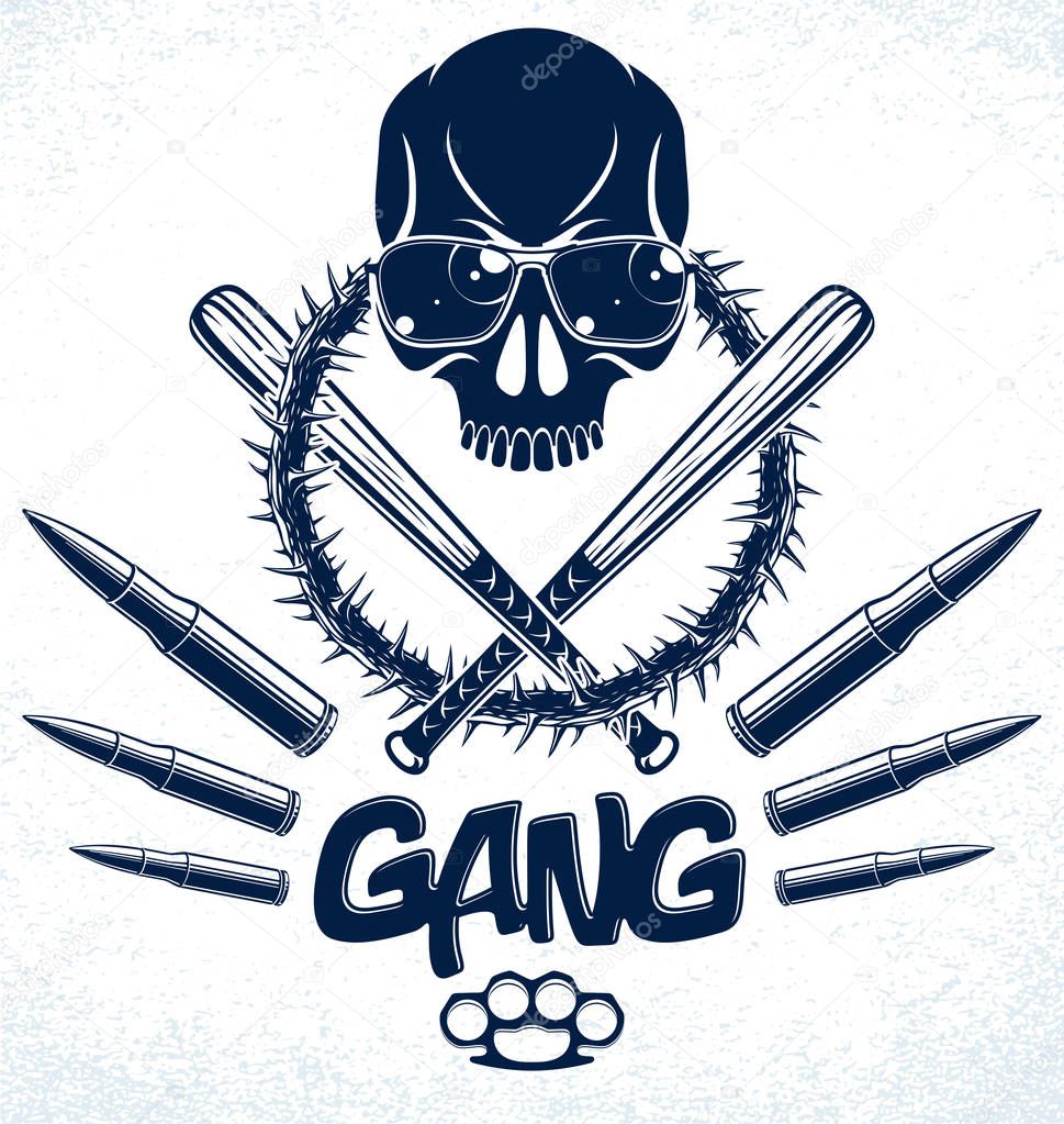 Gangster emblem logo or tattoo with aggressive skull baseball bats and other weapons and design elements, vector, criminal ghetto vintage style, gangster anarchy or mafia theme.
