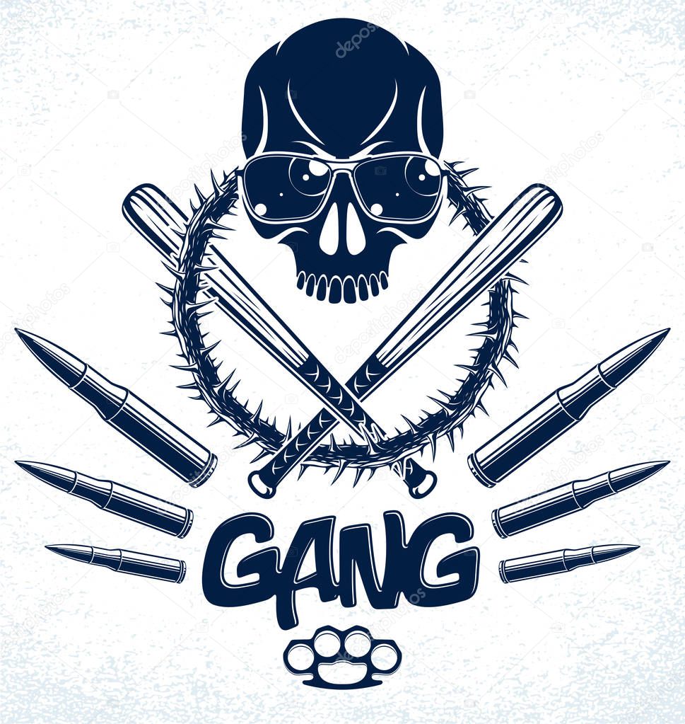 Gangster emblem logo or tattoo with aggressive skull baseball ba