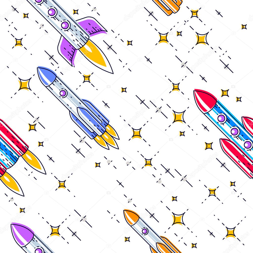 Space seamless background with rockets and stars, undiscovered g
