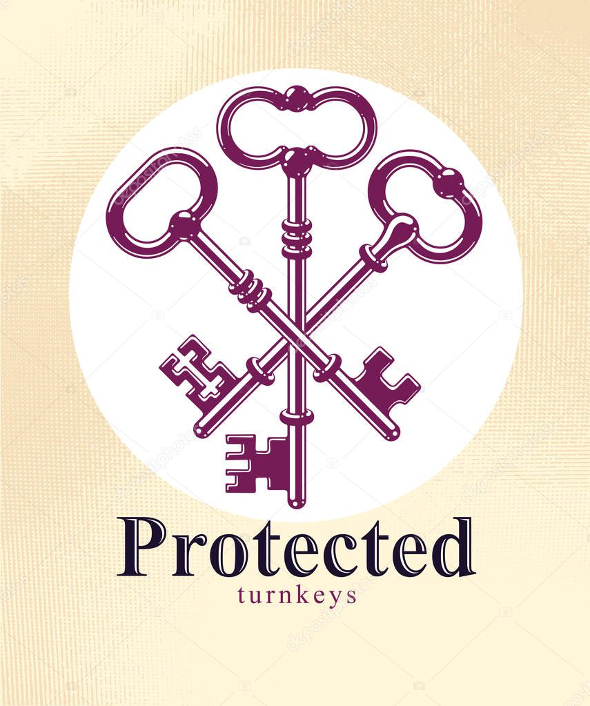 Crossed keys, vintage antique turnkeys vector logo or emblem, pr