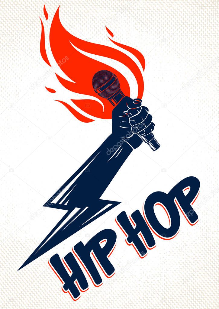 Rap music vector logo or emblem with microphone in hand flames and lightning bolt, hot Hip Hop rhymes festival concert or night club party label, t-shirt print.