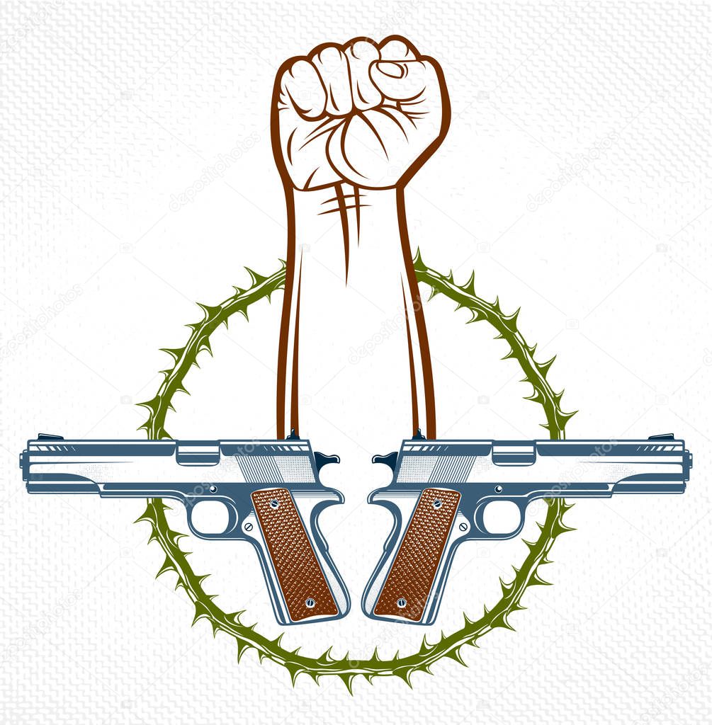 Revolution and Riot aggressive emblem or logo with strong clenched fist, vector tattoo, anarchy and chaos, rebel partisan and revolutionary.