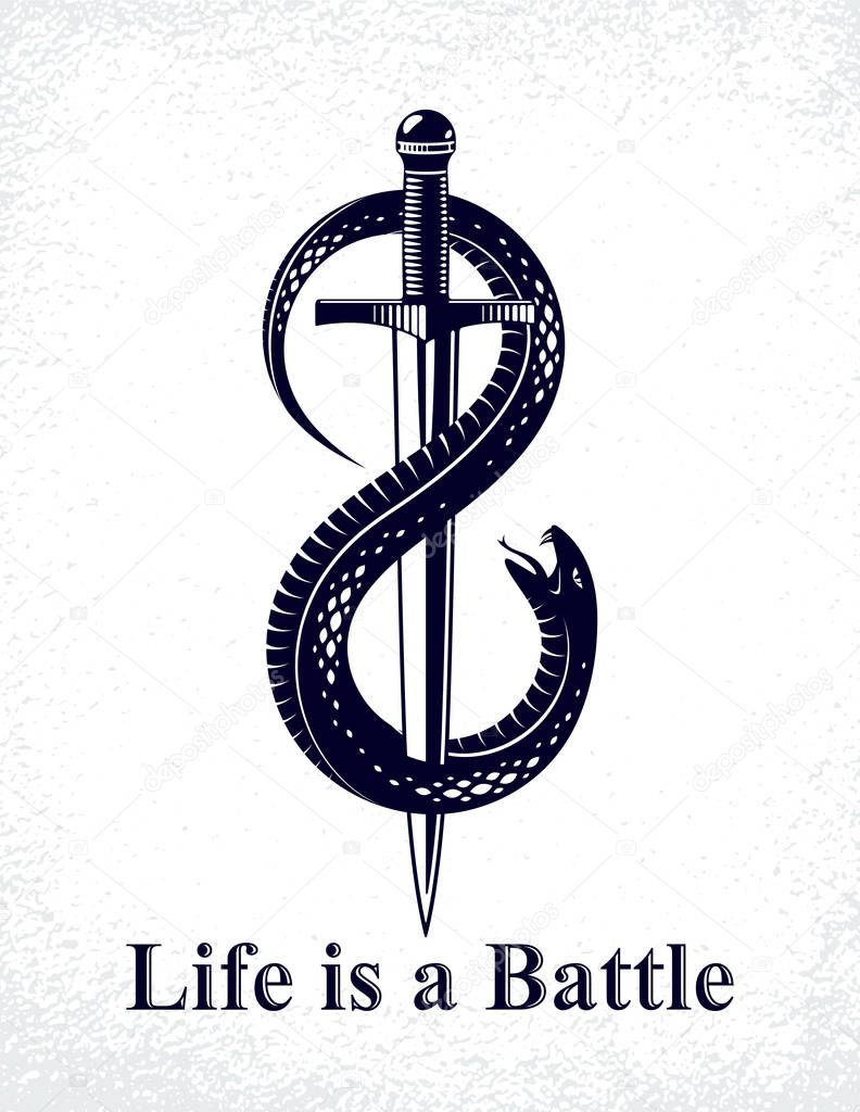 Dagger kills a Snake, defeated Serpent wraps around a sword vector vintage tattoo, Life is a Fight concept, life is no bed of roses, allegorical logo or emblem of ancient symbol.