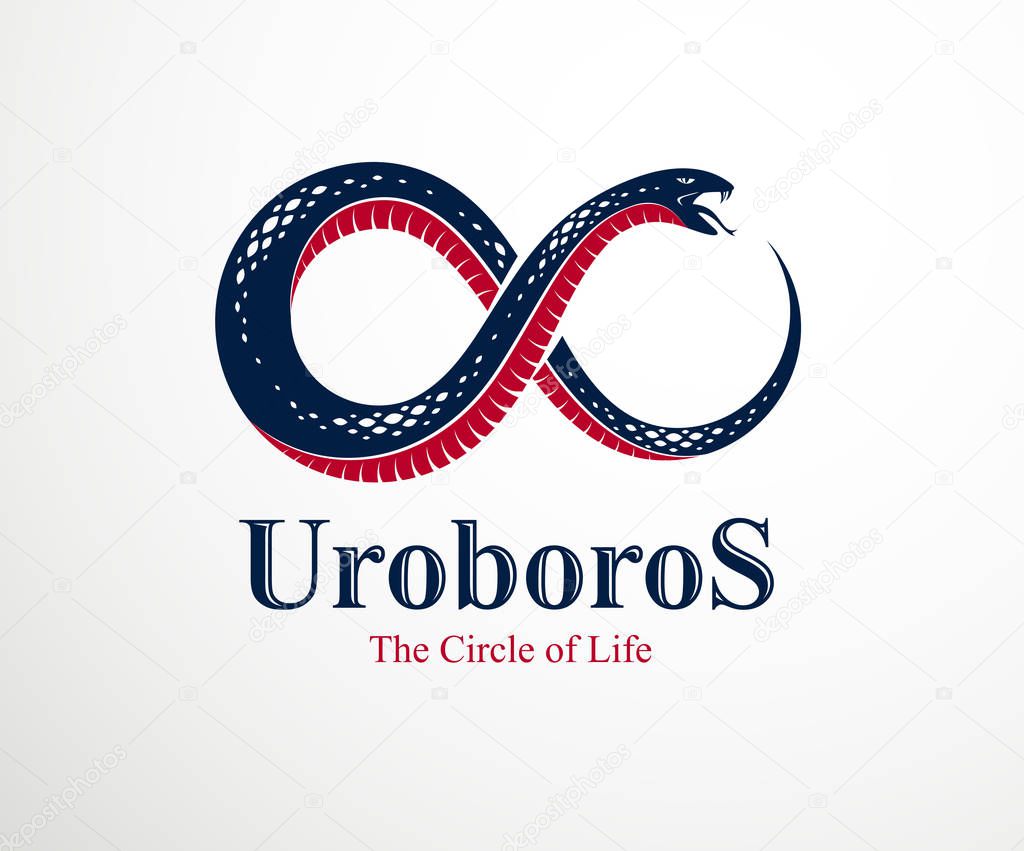 Ouroboros Snake in a shape of infinity symbol, endless cycle of life and death, ancient Uroboros symbol vector illustration, Serpent eating its own tale, logo, emblem or tattoo.