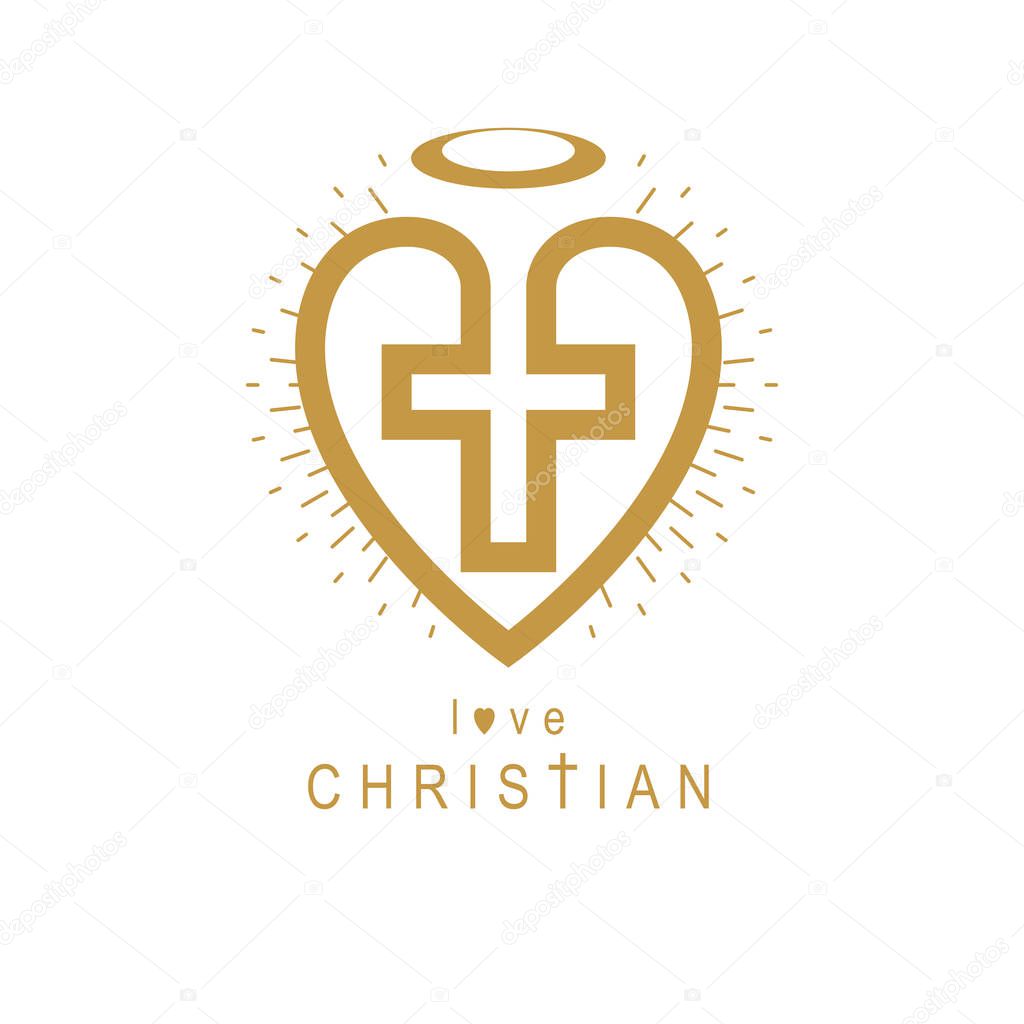 Love of God conceptual symbol combined with Christian Cross and heart, vector creative logo.