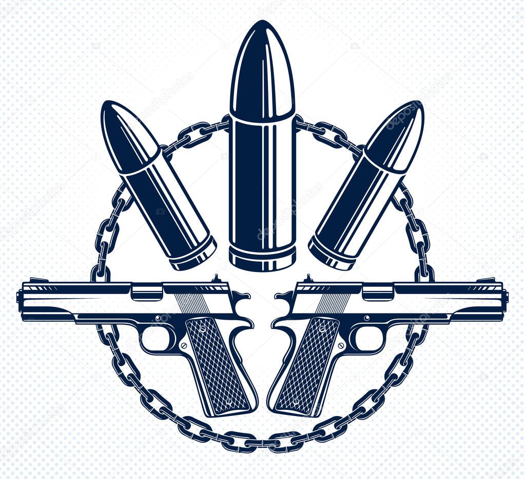 Revolution and War vector emblem with bullets and guns, logo or tattoo, riot partisan warrior, criminal and anarchist style, social tension theme.