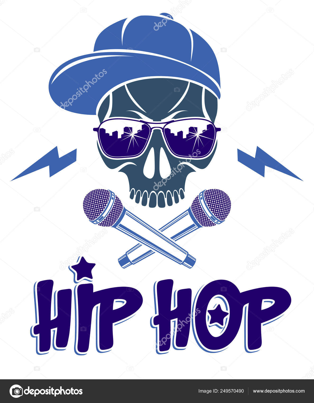 Hip Hop Music Vector Logo Or Label With Wicked Skull And Two Mic