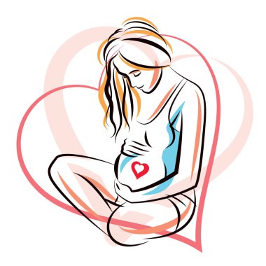 Hamile kadın kalp şekli çerçeve el ile çevrili vecto çizilmiş