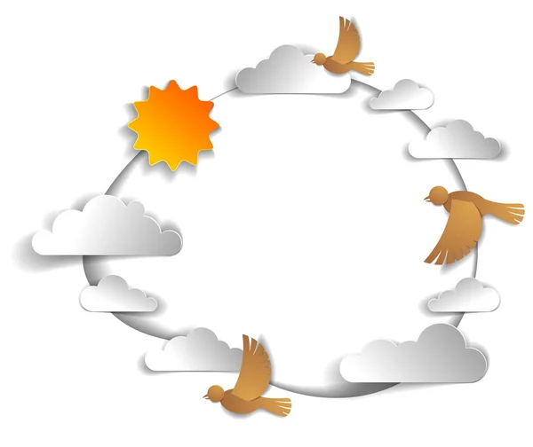 Kudde van de vogels vliegen onder prachtige wolken en zon aan de hemel, ba — Stockvector