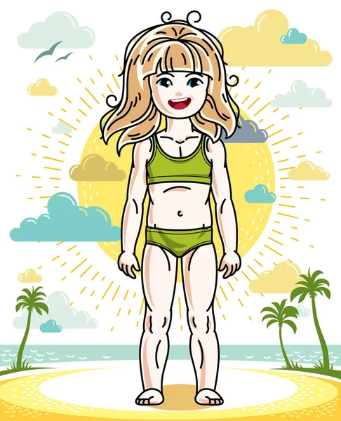 Hermosa niña rubia lindo niño de pie en tropical bea — Vector de stock