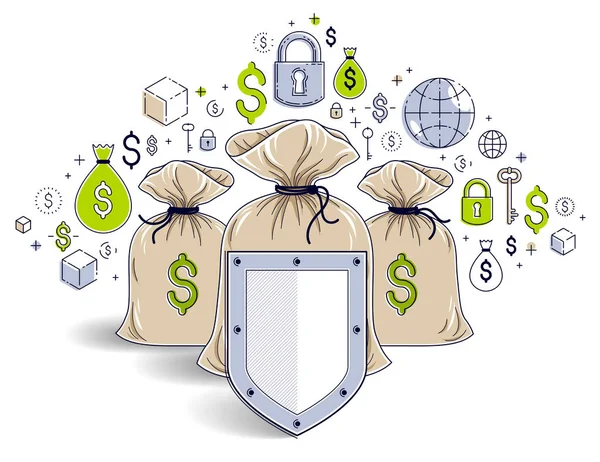 Escudo de más de 3 bolsas de dinero, concepto de seguridad financiera, negocio — Archivo Imágenes Vectoriales