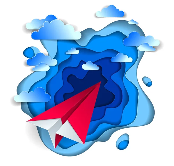 Origami brinquedo avião de papel voando no céu com belas nuvens , — Vetor de Stock