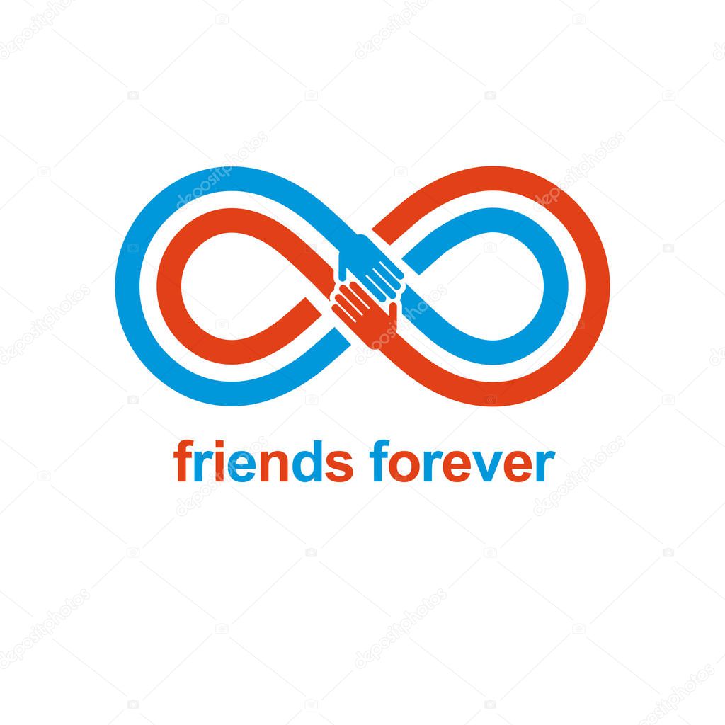 Infinity sign with two hands touching each other, infinite friendship concept, forever friends vector creative logo.