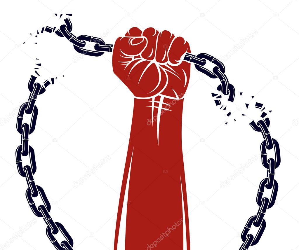 Strong hand clenched fist fighting for freedom against chain sla