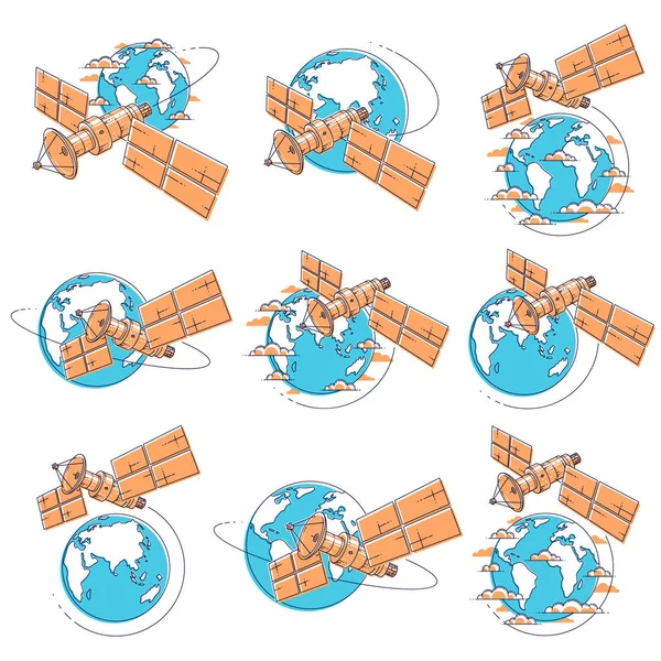 地球とアイコンを設定して軌道を飛んでいる衛星 — ストックベクタ