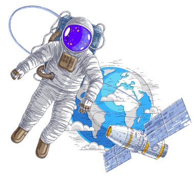 Açık alanda uçan astronot uzay istasyonu ve ea bağlı