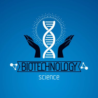 İnsan DNA'sı bir model bakmakta ellerini tutun. Biyomühendislik di olarak