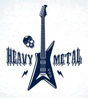 Heavy Metal amblemi ile elektro gitar vektör logo, konser fes