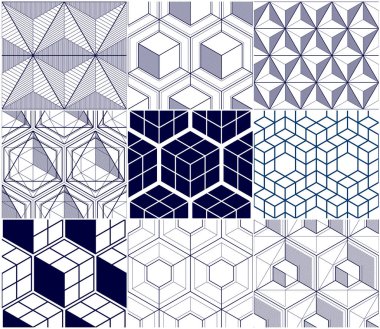 Soyut geometrik çizgiler sorunsuz desenleri kümesi, 3B vektör backgr