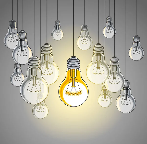 Ideia conceito, pensar diferente, lâmpadas grupo vetor illustra —  Vetores de Stock