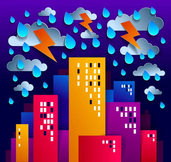 Stadtbild bei Gewitter und Blitz in der Nacht Cartoon — Stockvektor