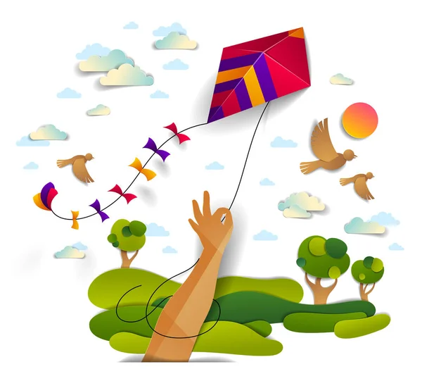 Hand holding kite over cloudy sky birds flying and sun, meadows — Stock Vector