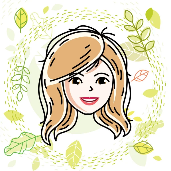 Vector illustration of beautiful blonde female face, positive fa — Stock Vector