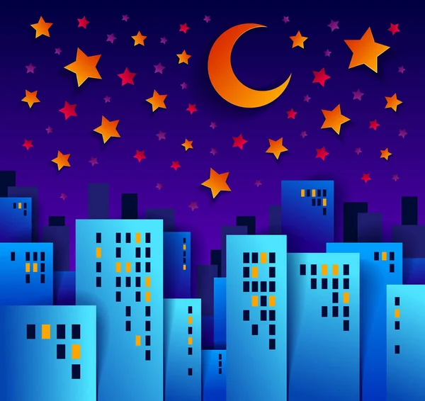 Cityscape na noite com lua e estrelas desenho animado vetor illust — Vetor de Stock